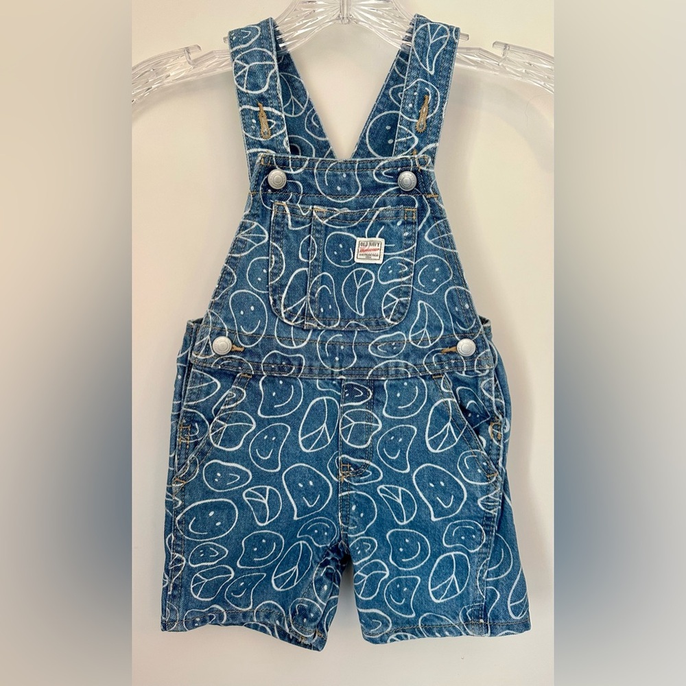 Old Navy Blue Denim Short Overalls with Smile Print - Picture 3 of 10